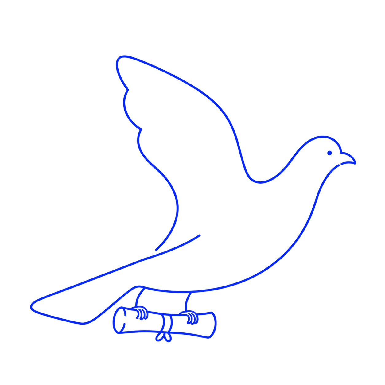 Encie, a flying pigeon carrying a rolled message, drawn in cobalt lines.